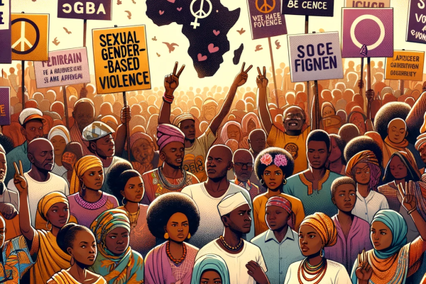 An illustration for an awareness campaign against Sexual Gender-Based Violence in Africa. The image features a diverse group of African people, includ