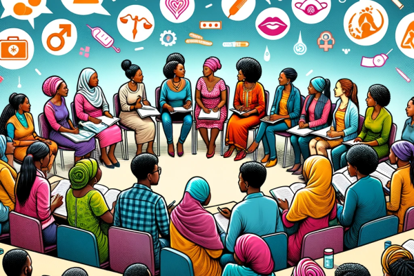An illustration representing Sexual and Reproductive Health Rights. The image shows a diverse group of African women and men, of various ages and back