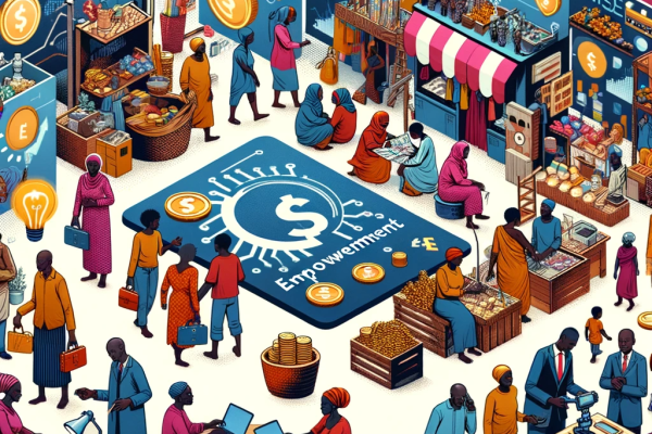An illustration depicting Economic Empowerment and Rights, focusing on the African context. The image features a vibrant marketplace scene with Africa