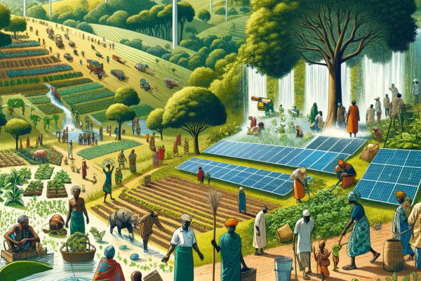 An illustration representing Climate Change and Sustainable Livelihoods in Africa. The scene depicts a lush, green landscape with African men and wome