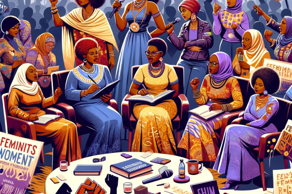 An illustration showcasing Feminist Movements and Leadership in Africa. The image features a group of diverse African women, representing various ages