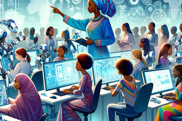 An illustration focusing on Technology and Innovation in Africa with an emphasis on women and girls. The image depicts African women and girls of vari